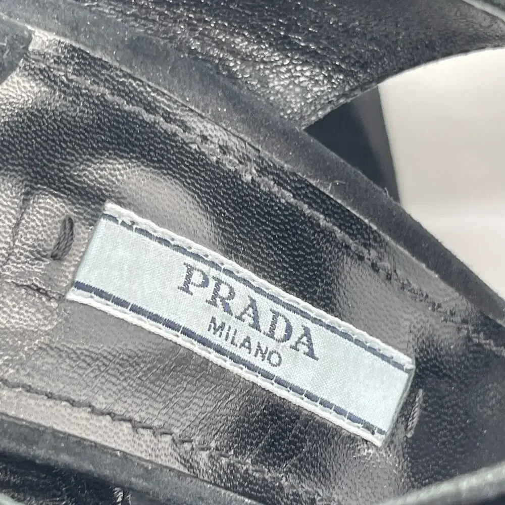 Prada Black Suede Crystal Chunky Criss Cross Block Heel Platform Sandals IT 37.5